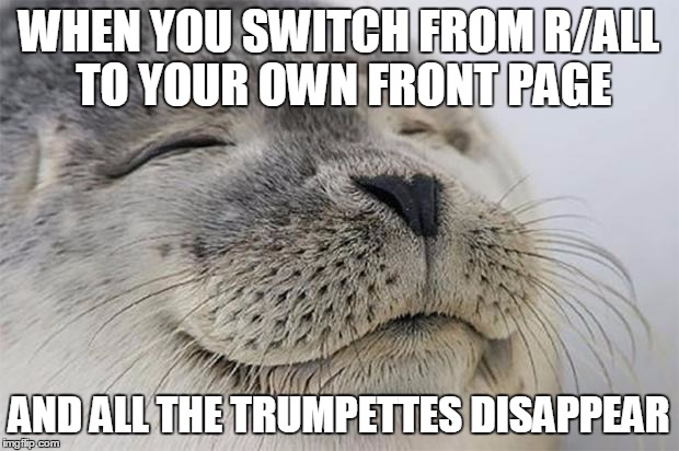Satisfied Seal | WHEN YOU SWITCH FROM R/ALL TO YOUR OWN FRONT PAGE; AND ALL THE TRUMPETTES DISAPPEAR | image tagged in memes,satisfied seal | made w/ Imgflip meme maker