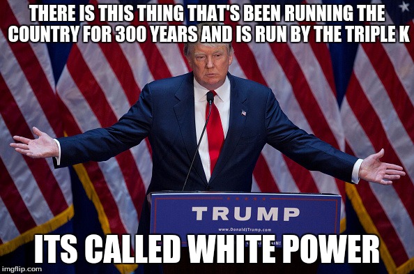 Donald Trump | THERE IS THIS THING THAT'S BEEN RUNNING THE COUNTRY FOR 300 YEARS AND IS RUN BY THE TRIPLE K; ITS CALLED WHITE POWER | image tagged in donald trump | made w/ Imgflip meme maker