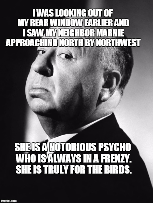for the birds | I WAS LOOKING OUT OF MY REAR WINDOW EARLIER AND I SAW MY NEIGHBOR MARNIE APPROACHING NORTH BY NORTHWEST; SHE IS A NOTORIOUS PSYCHO WHO IS ALWAYS IN A FRENZY. SHE IS TRULY FOR THE BIRDS. | image tagged in alfred | made w/ Imgflip meme maker