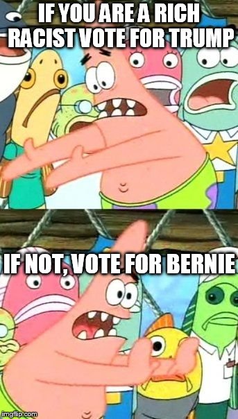 Put It Somewhere Else Patrick Meme | IF YOU ARE A RICH RACIST VOTE FOR TRUMP IF NOT, VOTE FOR BERNIE | image tagged in memes,put it somewhere else patrick | made w/ Imgflip meme maker