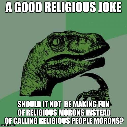 Philosoraptor | A GOOD RELIGIOUS JOKE; SHOULD IT NOT  BE MAKING FUN OF RELIGIOUS MORONS INSTEAD OF CALLING RELIGIOUS PEOPLE MORONS? | image tagged in memes,philosoraptor | made w/ Imgflip meme maker