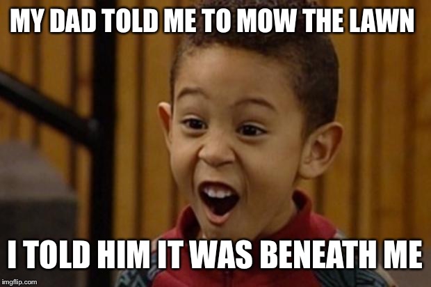 smart guy | MY DAD TOLD ME TO MOW THE LAWN; I TOLD HIM IT WAS BENEATH ME | image tagged in smart guy | made w/ Imgflip meme maker