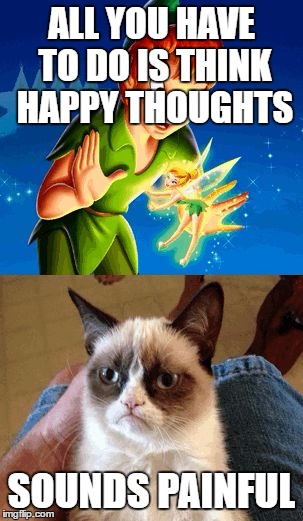 Grumpy Cat Does Not Believe Meme | ALL YOU HAVE TO DO IS THINK HAPPY THOUGHTS; SOUNDS PAINFUL | image tagged in memes,grumpy cat does not believe | made w/ Imgflip meme maker