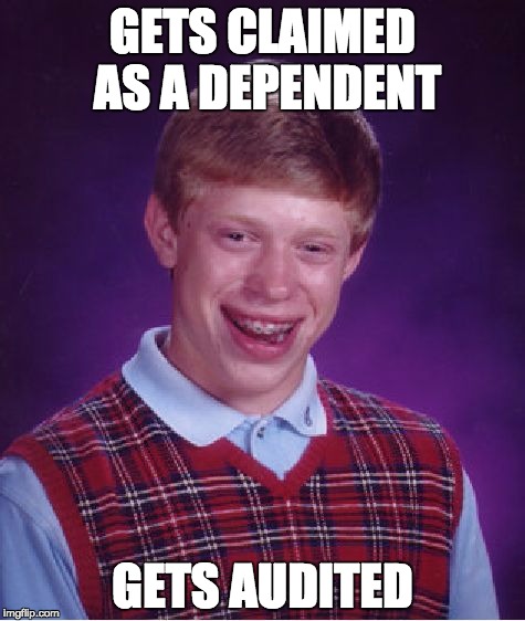 April 15th is here! | GETS CLAIMED AS A DEPENDENT; GETS AUDITED | image tagged in memes,bad luck brian,funny,taxes | made w/ Imgflip meme maker