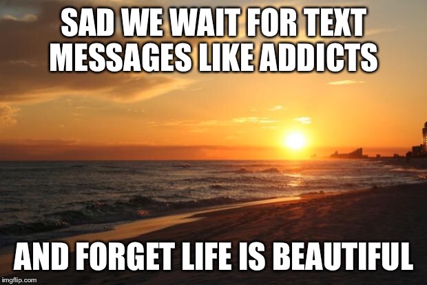 BEACH | SAD WE WAIT FOR TEXT MESSAGES LIKE ADDICTS; AND FORGET LIFE IS BEAUTIFUL | image tagged in beach | made w/ Imgflip meme maker