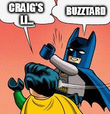 lego batman slapping robin | BUZZTARD; CRAIG'S LI... | image tagged in lego batman slapping robin | made w/ Imgflip meme maker