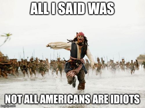 Jack Sparrow Being Chased Meme | ALL I SAID WAS; NOT ALL AMERICANS ARE IDIOTS | image tagged in memes,jack sparrow being chased | made w/ Imgflip meme maker