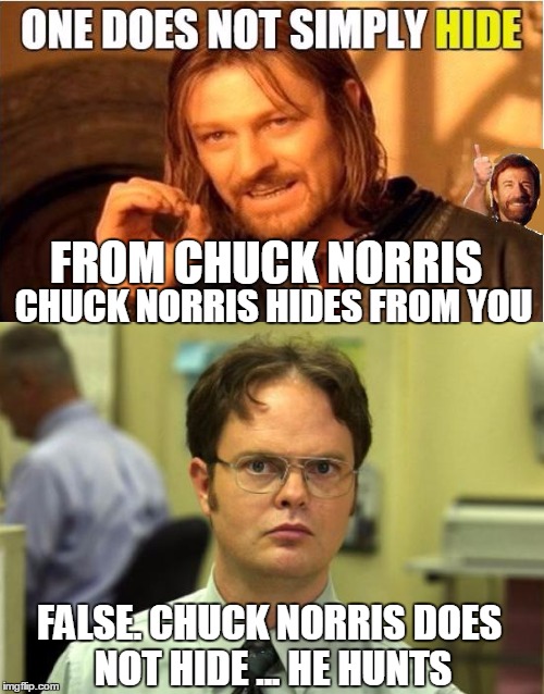 One does not simply correct Boromir | FROM CHUCK NORRIS; CHUCK NORRIS HIDES FROM YOU; FALSE. CHUCK NORRIS DOES NOT HIDE ... HE HUNTS | image tagged in dwight schrute,dwight false,chuck norris approves,one does not simply,original meme,combo meme | made w/ Imgflip meme maker