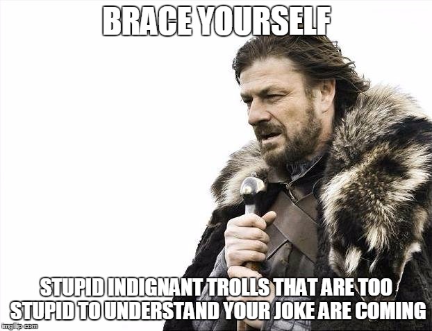 Brace Yourselves X is Coming Meme | BRACE YOURSELF STUPID INDIGNANT TROLLS THAT ARE TOO STUPID TO UNDERSTAND YOUR JOKE ARE COMING | image tagged in memes,brace yourselves x is coming | made w/ Imgflip meme maker