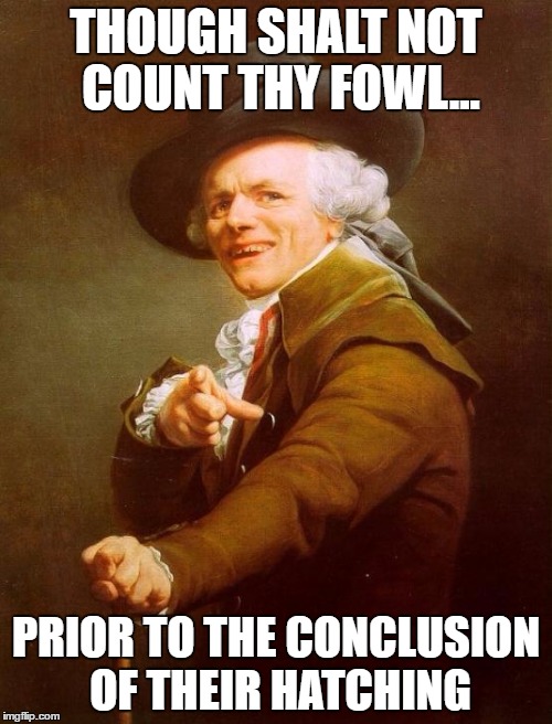 Joseph Ducreux | THOUGH SHALT NOT COUNT THY FOWL... PRIOR TO THE CONCLUSION OF THEIR HATCHING | image tagged in memes,joseph ducreux | made w/ Imgflip meme maker