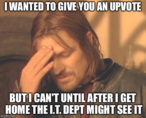 Frustrated Boromir | I WANTED TO GIVE YOU AN UPVOTE; BUT I CAN'T UNTIL AFTER I GET HOME THE I.T. DEPT MIGHT SEE IT | image tagged in memes,frustrated boromir | made w/ Imgflip meme maker