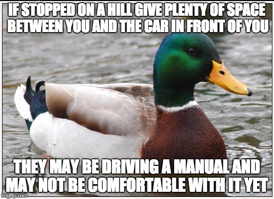 Actual Advice Mallard | IF STOPPED ON A HILL GIVE PLENTY OF SPACE BETWEEN YOU AND THE CAR IN FRONT OF YOU; THEY MAY BE DRIVING A MANUAL AND MAY NOT BE COMFORTABLE WITH IT YET | image tagged in memes,actual advice mallard | made w/ Imgflip meme maker