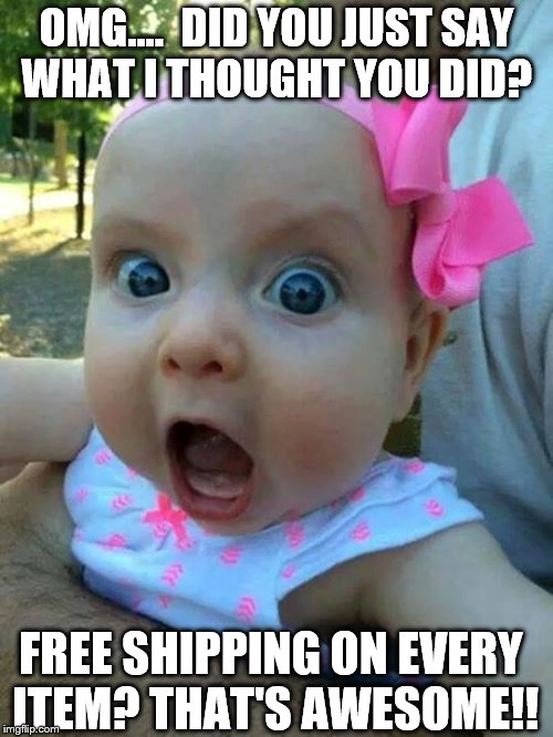 crazy pink baby | OMG....  DID YOU JUST SAY WHAT I THOUGHT YOU DID? FREE SHIPPING ON EVERY ITEM? THAT'S AWESOME!! | image tagged in crazy pink baby | made w/ Imgflip meme maker