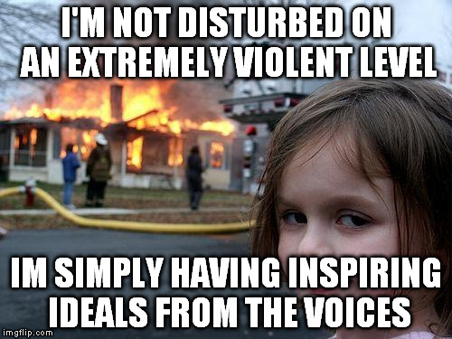 Disaster Girl Meme | I'M NOT DISTURBED ON AN EXTREMELY VIOLENT LEVEL; IM SIMPLY HAVING INSPIRING IDEALS FROM THE VOICES | image tagged in memes,disaster girl | made w/ Imgflip meme maker