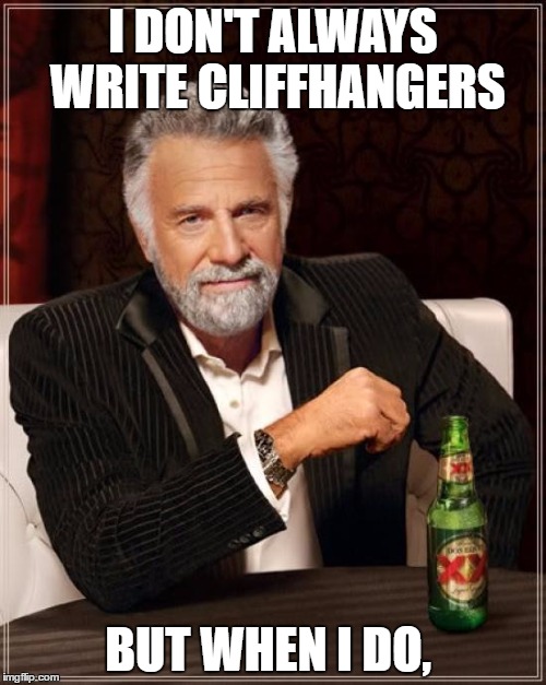 The Most Interesting Man In The World Meme | I DON'T ALWAYS WRITE CLIFFHANGERS; BUT WHEN I DO, | image tagged in memes,the most interesting man in the world | made w/ Imgflip meme maker
