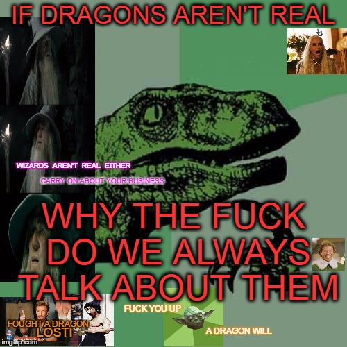 Gonzo Meme | IF DRAGONS AREN'T REAL WHY THE F**K DO WE ALWAYS TALK ABOUT THEM WIZARDS  AREN'T  REAL  EITHER CARRY ON ABOUT YOUR BUSINESS LOST! FOUGHT A D | image tagged in memes,philosoraptor,dragon | made w/ Imgflip meme maker