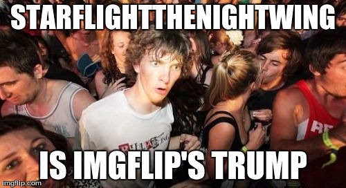 After realizing that he has a bad reputation yet still amasses votes (from his fellow furries, no doubt), I have concluded... | STARFLIGHTTHENIGHTWING; IS IMGFLIP'S TRUMP | image tagged in memes,sudden clarity clarence,starflightthenightwing | made w/ Imgflip meme maker