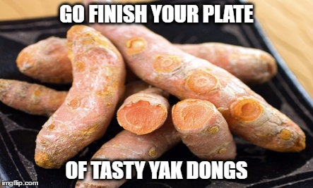 Mmmmmmmmm Dongs | GO FINISH YOUR PLATE; OF TASTY YAK DONGS | image tagged in eating,insults,bag of dicks,muslims,hungry,penis jokes | made w/ Imgflip meme maker