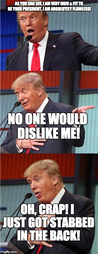 You have inadvertently chose "slow & horrible!" | AS YOU CAN SEE, I AM VERY RICH & FIT TO BE YOUR PRESIDENT, I AM ABSOLUTELY FLAWLESS! NO ONE WOULD DISLIKE ME! OH, CRAP! I JUST GOT STABBED IN THE BACK! | image tagged in bad pun trump | made w/ Imgflip meme maker