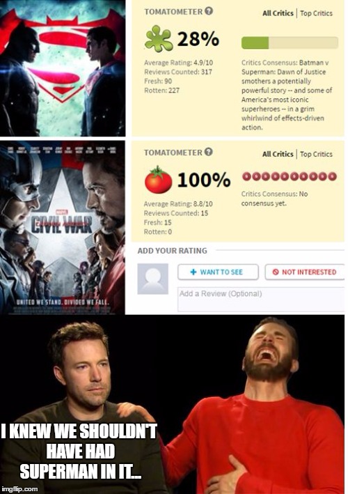 When a movie comes out with that one character people don't like... | I KNEW WE SHOULDN'T HAVE HAD SUPERMAN IN IT... | image tagged in batman v superman vs civil war,memes,batman and superman,captain america civil war | made w/ Imgflip meme maker