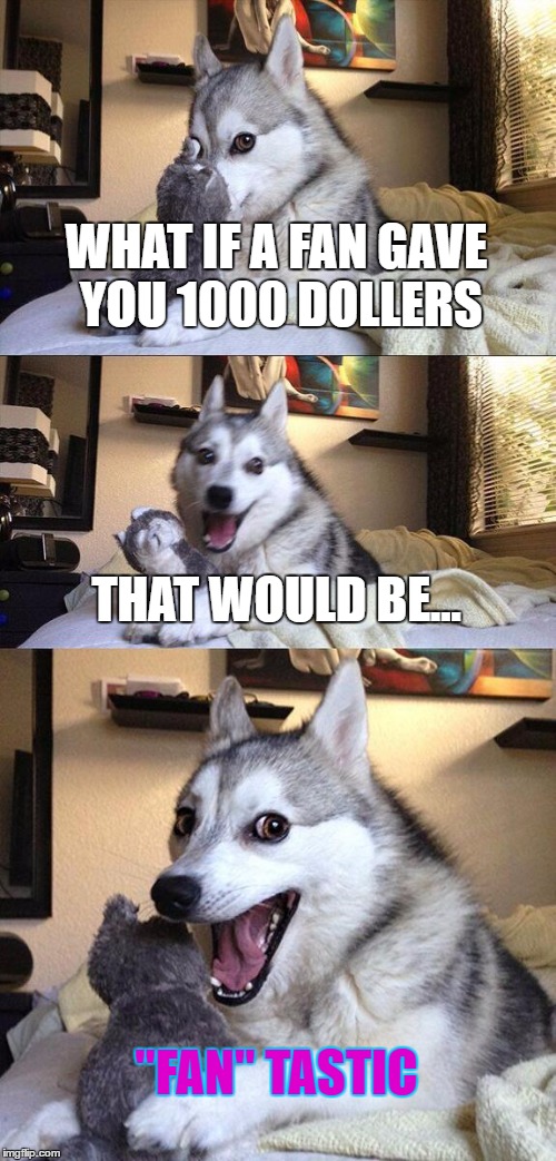 Bad Pun Dog | WHAT IF A FAN GAVE YOU 1000 DOLLERS; THAT WOULD BE... "FAN" TASTIC | image tagged in memes,bad pun dog | made w/ Imgflip meme maker