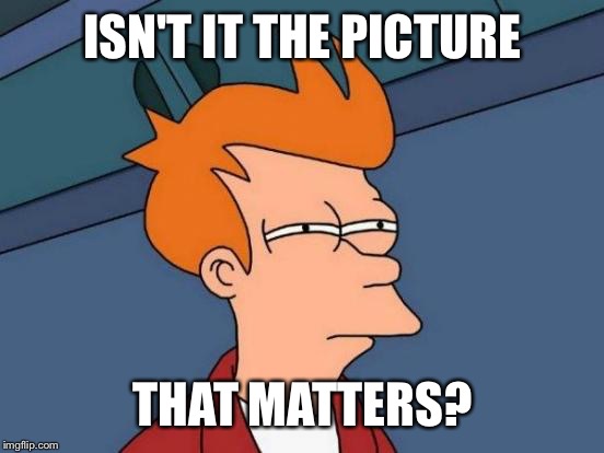 Futurama Fry Meme | ISN'T IT THE PICTURE THAT MATTERS? | image tagged in memes,futurama fry | made w/ Imgflip meme maker
