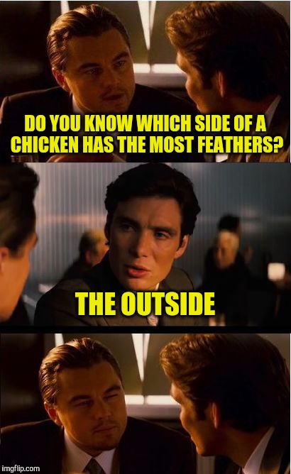 Inception Meme | DO YOU KNOW WHICH SIDE OF A CHICKEN HAS THE MOST FEATHERS? THE OUTSIDE | image tagged in memes,inception | made w/ Imgflip meme maker
