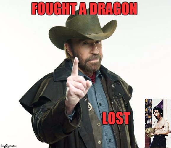 Chuck Vs. Dragon | FOUGHT A DRAGON; LOST | image tagged in chuck norris,bruce lee,dragon | made w/ Imgflip meme maker