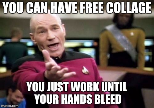 Picard Wtf Meme |  YOU CAN HAVE FREE COLLAGE; YOU JUST WORK UNTIL YOUR HANDS BLEED | image tagged in memes,picard wtf | made w/ Imgflip meme maker