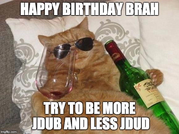 Funny Cat Birthday | HAPPY BIRTHDAY BRAH; TRY TO BE MORE JDUB AND LESS JDUD | image tagged in funny cat birthday | made w/ Imgflip meme maker