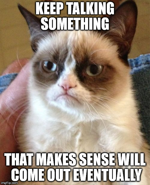 Go ahead keep talking  | KEEP TALKING SOMETHING; THAT MAKES SENSE WILL COME OUT EVENTUALLY | image tagged in memes,grumpy cat | made w/ Imgflip meme maker
