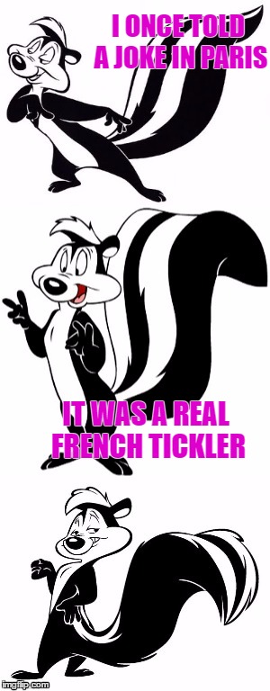 Promiscuous le Pew | I ONCE TOLD A JOKE IN PARIS; IT WAS A REAL FRENCH TICKLER | image tagged in bad pun le pew,memes,funny,bad pun,lol | made w/ Imgflip meme maker