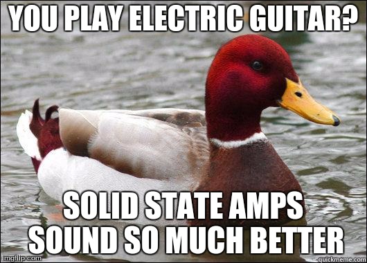 make actual bad advice mallard | YOU PLAY ELECTRIC GUITAR? SOLID STATE AMPS SOUND SO MUCH BETTER | image tagged in make actual bad advice mallard | made w/ Imgflip meme maker