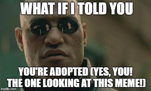 Matrix Morpheus Meme | WHAT IF I TOLD YOU; YOU'RE ADOPTED (YES, YOU! THE ONE LOOKING AT THIS MEME!) | image tagged in memes,matrix morpheus | made w/ Imgflip meme maker