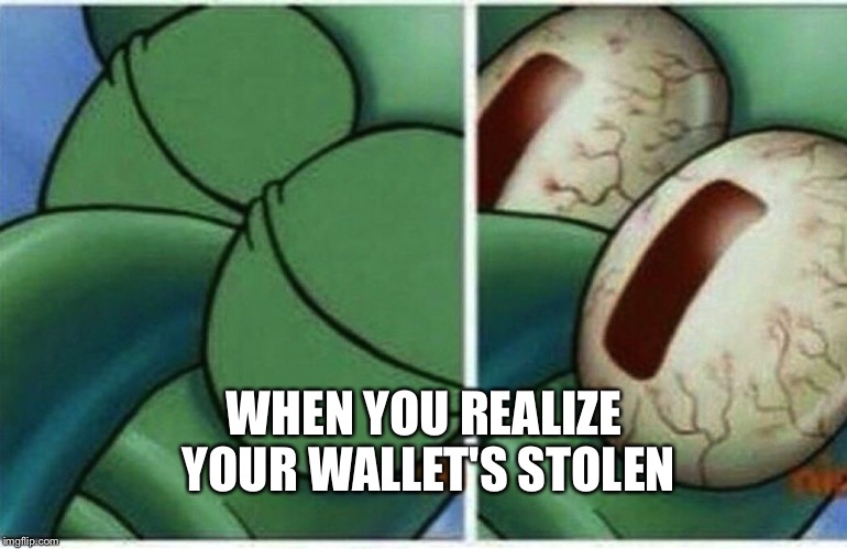 Squidward | WHEN YOU REALIZE YOUR WALLET'S STOLEN | image tagged in squidward | made w/ Imgflip meme maker