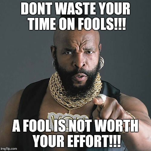 Mr T Pity The Fool Meme | DONT WASTE YOUR TIME ON FOOLS!!! A FOOL IS NOT WORTH YOUR EFFORT!!! | image tagged in memes,mr t pity the fool | made w/ Imgflip meme maker