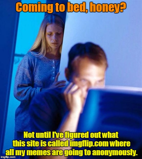 Coming to bed, honey? Not until I've figured out what this site is called imgflip.com where all my memes are going to anonymously. | made w/ Imgflip meme maker