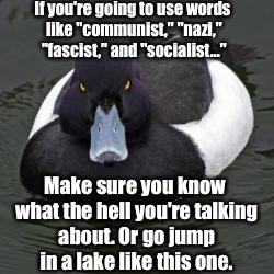 Know What You're Talking About. Jussayin. | If you're going to use words like "communist," "nazi," "fascist," and "socialist..."; Make sure you know what the hell you're talking about. Or go jump in a lake like this one. | image tagged in angry advice mallard,memes,election 2016,political meme | made w/ Imgflip meme maker