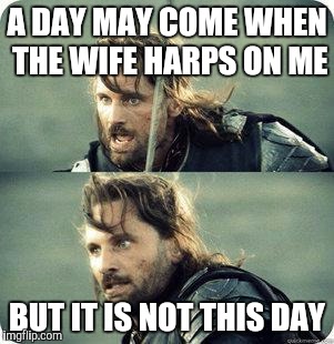 AragornNotThisDay | A DAY MAY COME WHEN THE WIFE HARPS ON ME; BUT IT IS NOT THIS DAY | image tagged in aragornnotthisday | made w/ Imgflip meme maker