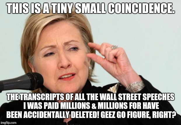 Hillary Clinton Fingers | THIS IS A TINY SMALL COINCIDENCE. THE TRANSCRIPTS OF ALL THE WALL STREET SPEECHES I WAS PAID MILLIONS & MILLIONS FOR HAVE BEEN ACCIDENTALLY DELETED! GEEZ GO FIGURE, RIGHT? | image tagged in hillary clinton fingers | made w/ Imgflip meme maker