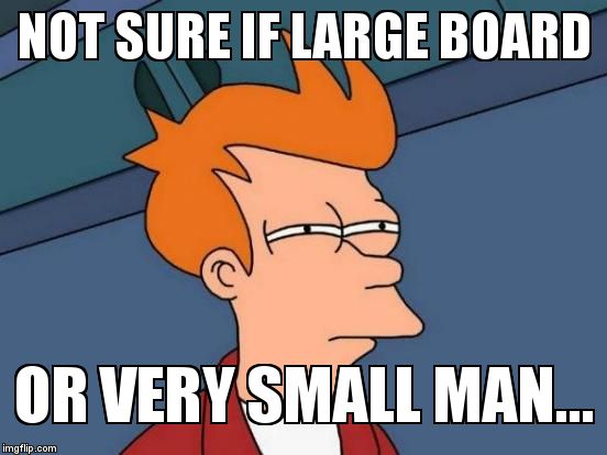 Futurama Fry Meme | NOT SURE IF LARGE BOARD  OR VERY SMALL MAN... | image tagged in memes,futurama fry | made w/ Imgflip meme maker