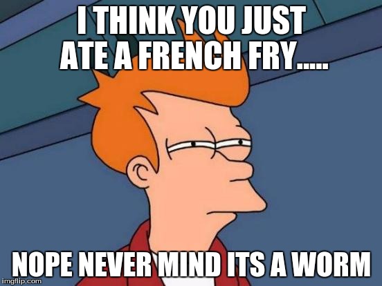 Futurama Fry | I THINK YOU JUST ATE A FRENCH FRY..... NOPE NEVER MIND ITS A WORM | image tagged in memes,futurama fry | made w/ Imgflip meme maker