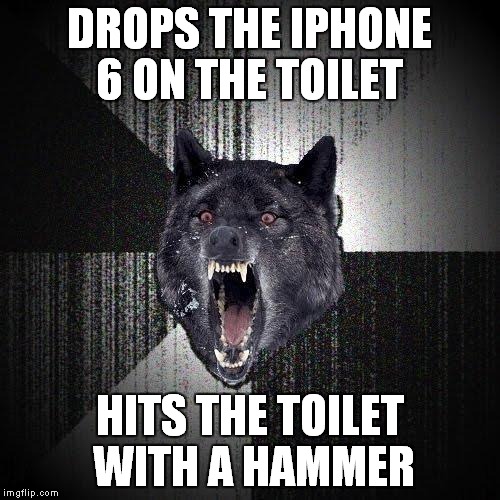 Insanity Wolf | DROPS THE IPHONE 6 ON THE TOILET; HITS THE TOILET  WITH A HAMMER | image tagged in memes,insanity wolf | made w/ Imgflip meme maker