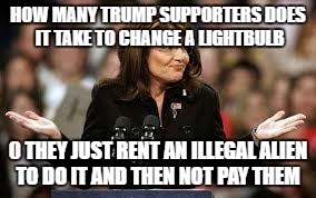 Sarah Palin 5 | HOW MANY TRUMP SUPPORTERS DOES IT TAKE TO CHANGE A LIGHTBULB; 0 THEY JUST RENT AN ILLEGAL ALIEN TO DO IT AND THEN NOT PAY THEM | image tagged in sarah palin 5 | made w/ Imgflip meme maker