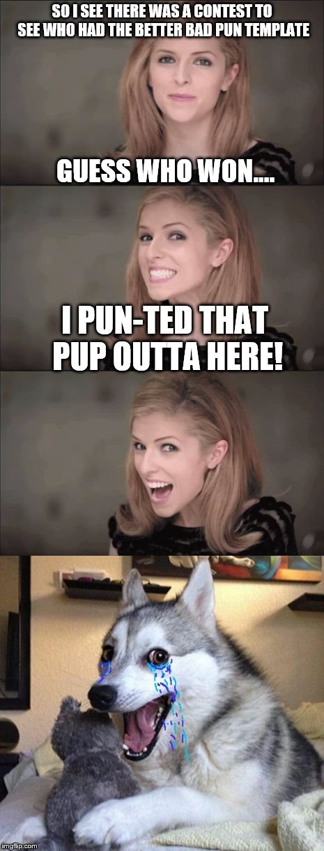 Anna Kendrick kills in contest |  SO I SEE THERE WAS A CONTEST TO SEE WHO HAD THE BETTER BAD PUN TEMPLATE; GUESS WHO WON.... I PUN-TED THAT PUP OUTTA HERE! | image tagged in bad pun anna makes bad pun dog cry,bad pun dog,bad pun anna kendrick | made w/ Imgflip meme maker