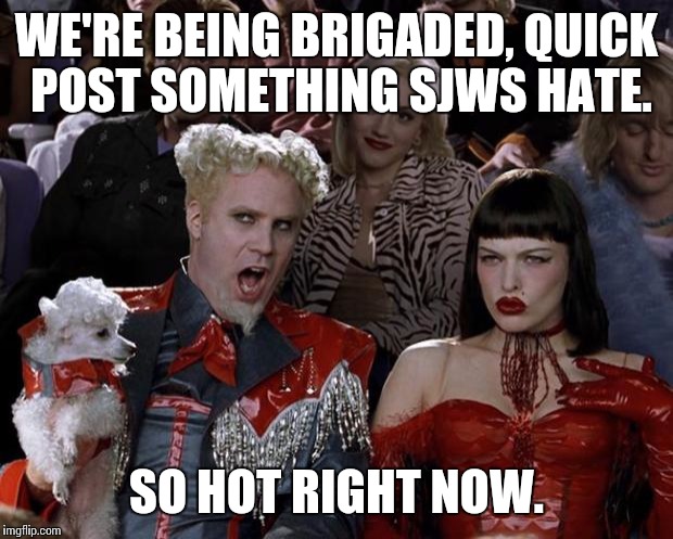 Mugatu So Hot Right Now Meme | WE'RE BEING BRIGADED, QUICK POST SOMETHING SJWS HATE. SO HOT RIGHT NOW. | image tagged in memes,mugatu so hot right now | made w/ Imgflip meme maker