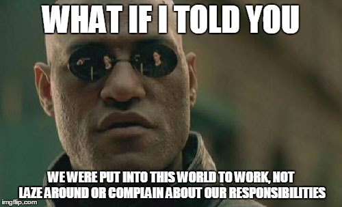 Matrix Morpheus | WHAT IF I TOLD YOU; WE WERE PUT INTO THIS WORLD TO WORK, NOT LAZE AROUND OR COMPLAIN ABOUT OUR RESPONSIBILITIES | image tagged in memes,matrix morpheus | made w/ Imgflip meme maker