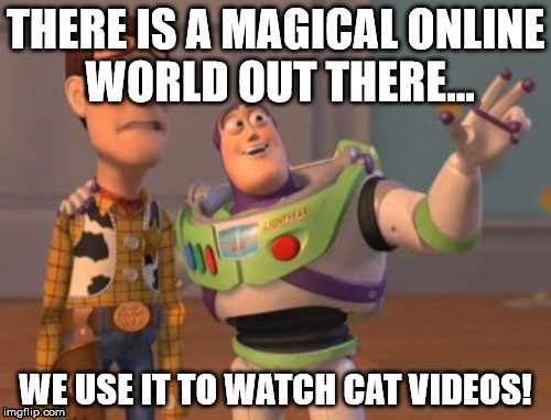 X, X Everywhere | THERE IS A MAGICAL ONLINE WORLD OUT THERE... WE USE IT TO WATCH CAT VIDEOS! | image tagged in memes,x x everywhere | made w/ Imgflip meme maker
