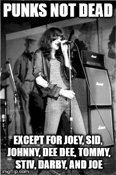 Punks Not Dead | PUNKS NOT DEAD; EXCEPT FOR JOEY, SID, JOHNNY, DEE DEE, TOMMY, STIV, DARBY, AND JOE | image tagged in punk | made w/ Imgflip meme maker