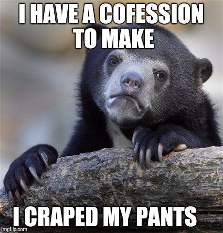 Confession Bear | I HAVE A COFESSION TO MAKE; I CRAPED MY PANTS | image tagged in memes,confession bear | made w/ Imgflip meme maker